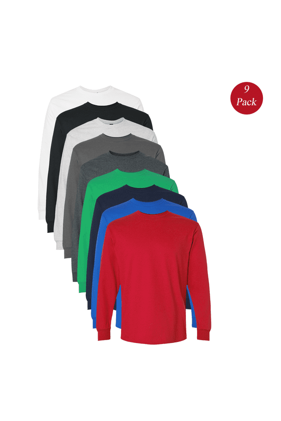 Men’s Ultra Cotton Long Sleeve T-Shirt, Crew Neck Classic Fit Assorted Color Tee, 9-Pack, L