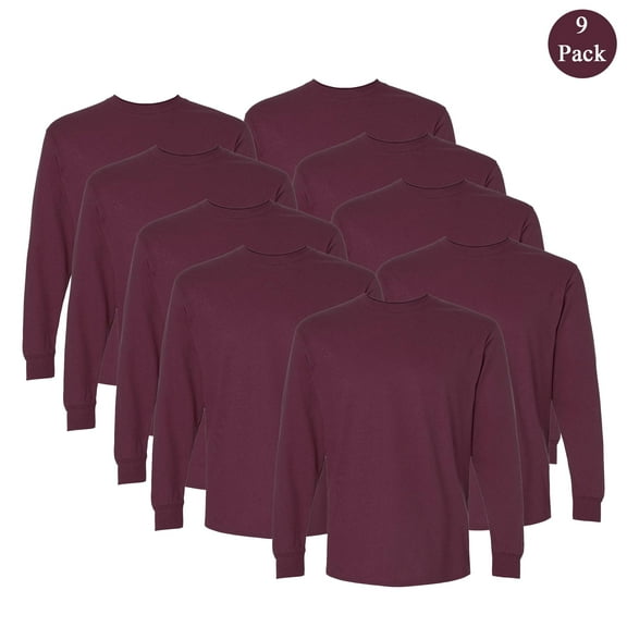 Gildan Men's Ultra Cotton Long Sleeve T-Shirt, Crew Neck Classic Fit Maroon Durable Tee, 9-Pack, 5XL