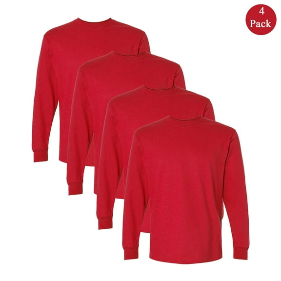 Gildan Men's Ultra Cotton Long Sleeve T-Shirt, Durable Crew Neck Red Color Casual Tee, 4-Pack, L