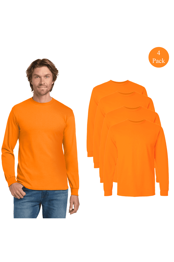 Men’s Ultra Cotton Long Sleeve T-Shirt, High Visibility Safety Orange Workwear Tee, 4 Pack, 3XL