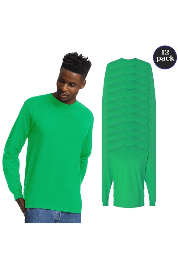 Men’s Ultra Cotton Long Sleeve T-Shirt, Irish Green Crewneck Tee, 12-Pack Shirts, L