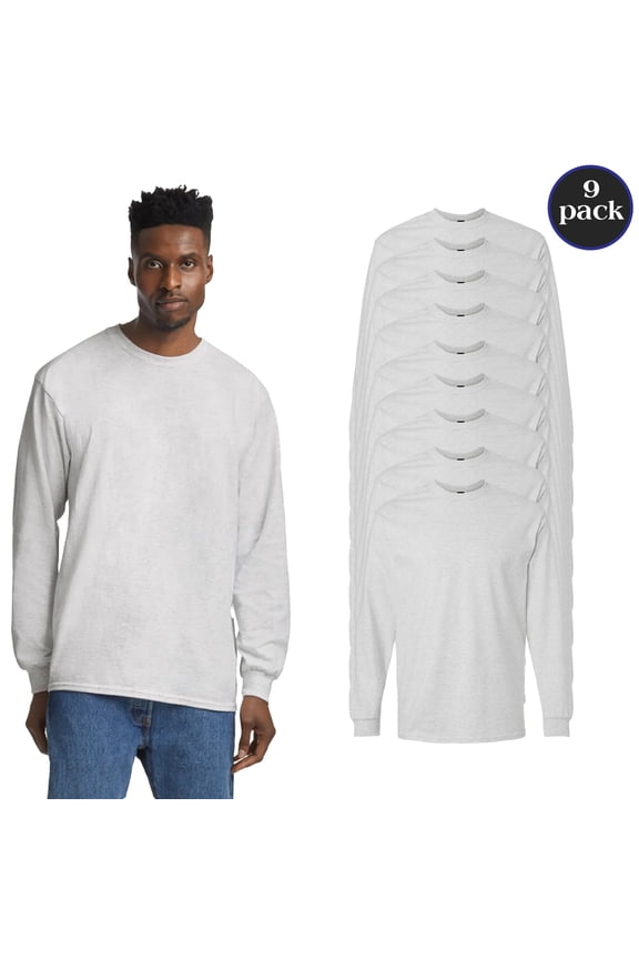 Men's Ultra Cotton Long Sleeve T-Shirt, Rib Collar Crewneck Bulk Tee, 9-Pack, Ash, L