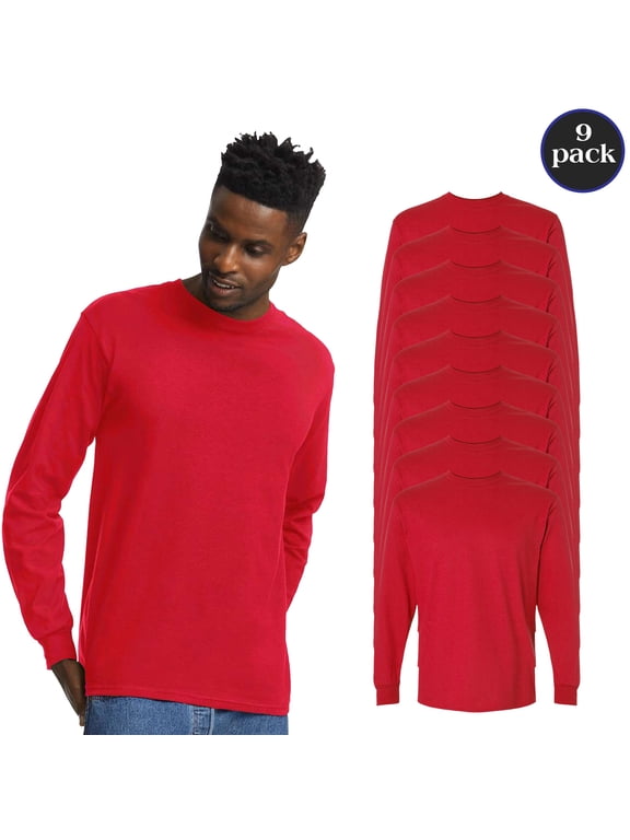 Men’s Ultra Cotton Long Sleeve T-Shirt, Rib collar Soft Durable Bulk Tee, Red, 9-Pack, 4XL