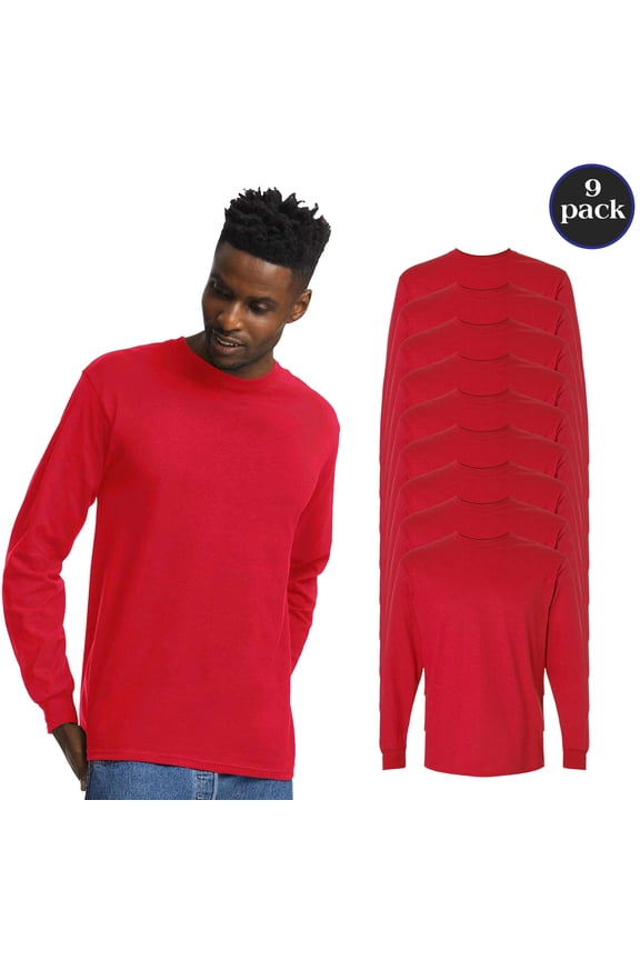 Men’s Ultra Cotton Long Sleeve T-Shirt, Rib collar Soft Durable Bulk Tee, Red, 9-Pack, L