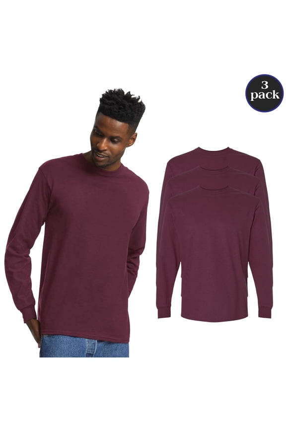 Men’s Ultra Cotton Long Sleeve T-Shirt, Soft Durable Crew Neck Maroon Shirt, 3 Pack, XL