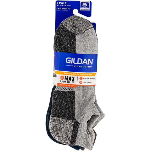 Gildan Men's Ultra Cotton No Show Tab Socks Assorted, 3 Pack