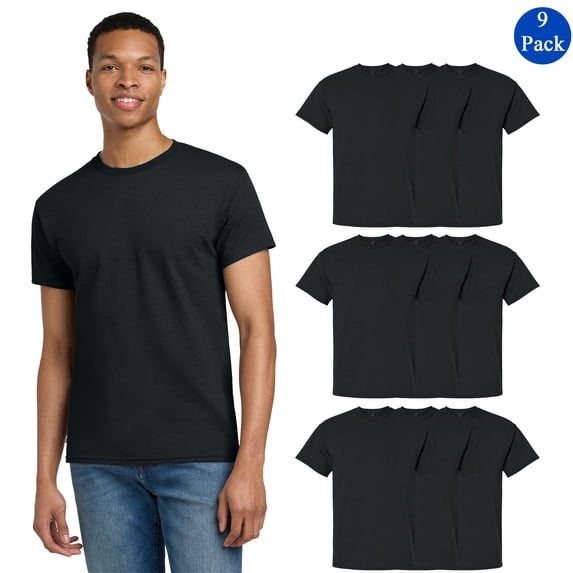Gildan Men's Ultra Cotton T-Shirt, Classic Solid Black Color Crew Shirt, Short Sleeve Tee, 9 pack, M