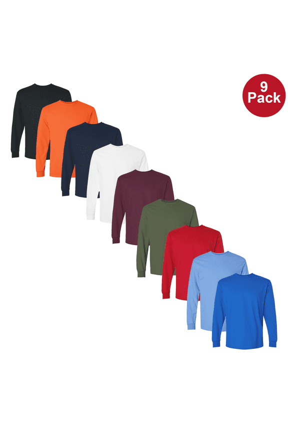 Men's Ultra Cotton T-Shirt, Comfortable Long Sleeve Assorted Color Durable Tee, 9 Pack, 3XL