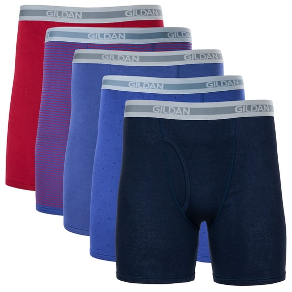 Gildan Men's Underwear Boxer Briefs, Multipack, Cardinal Red/Stripe/Metro Blue/Dot/Navy (5-pack, Classic Length), X-Large
