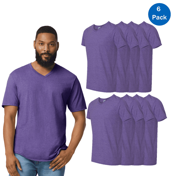 Gildan Men’s V-Neck Short Sleeves T Shirt 6 Pack Softstyle Classic Fit Tee, Heather Purple Size - M