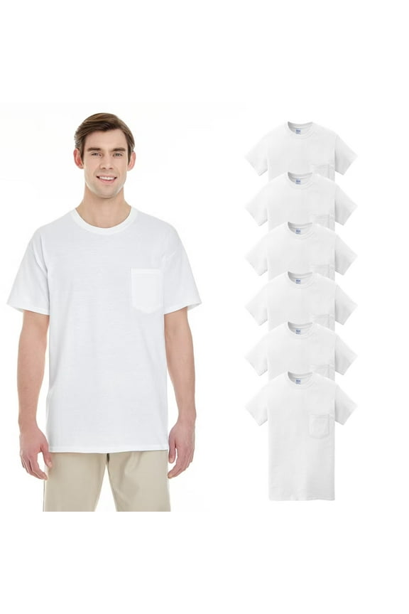 Men's White Crew Neck Tee with Pocket, Short Sleeve Cotton T-Shirt, Pack of 6, Sizes S-3XL