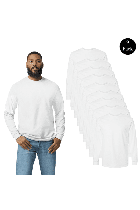 Men’s White Long Sleeve T-Shirt, Ultra Cotton 6 oz tees, Pack of 9, Soft and Durable Tee, 5XL