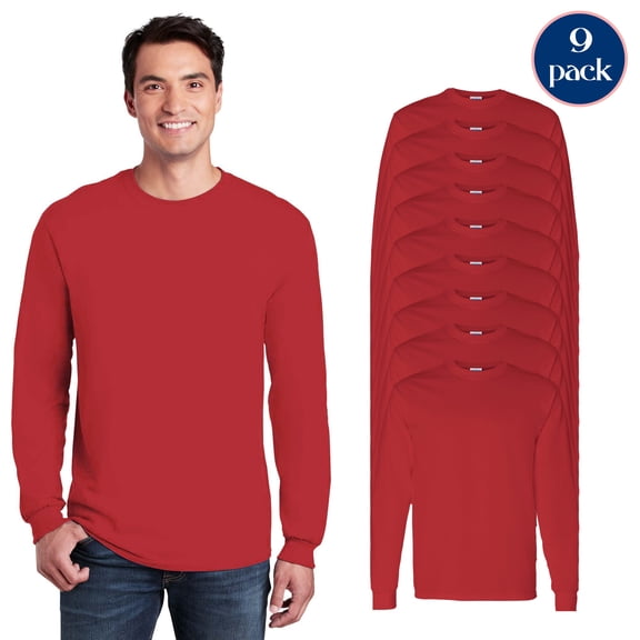 Gildan Mens Heavy Cotton Long Sleeve T-Shirt, Affordable Red T-Shirt Pack of 9, M