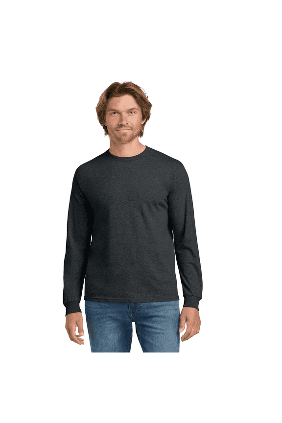 Mens Long Sleeve T-Shirt -GR54 Heavy Cotton Crewneck T-Shirt Classic fit Tee (Dark Heather, 3XL)