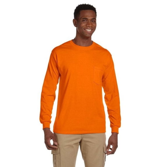 Gildan Mens Ultra Cotton Long Sleeve T-Shirt with Pocket , 3XL, Safety Orange
