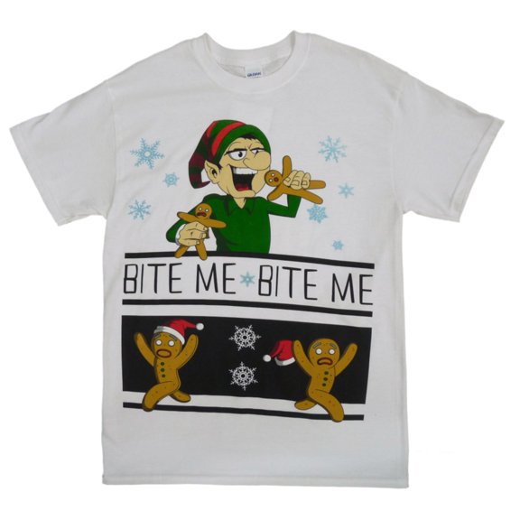 Gildan Mens White Christmas T-Shirt Bite Me Gingerbread Man Shirt M