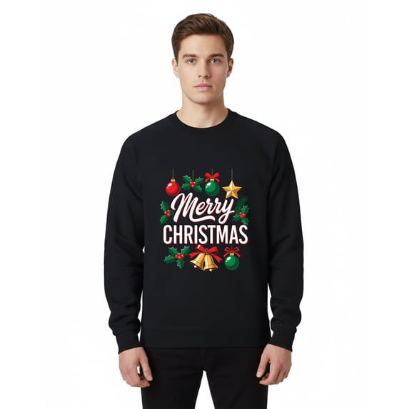 Gildan Merry Christmas Design Sweatshirt for Men, Black Crewneck Christmas Sweater, XL