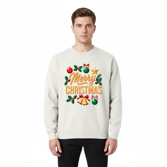 Gildan Merry Christmas Design Sweatshirt for Men, White Crewneck Christmas Sweater, S