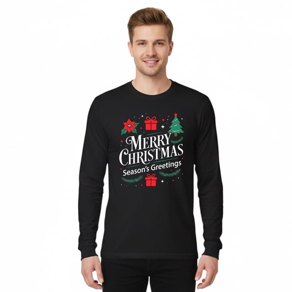 Gildan Merry Christmas Design T-Shirt for Men, Long Sleeve Black Christmas Print Tee, S