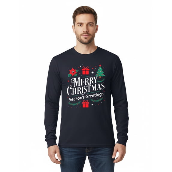 Gildan Merry Christmas Design T-Shirt for Men, Long Sleeve Navy Christmas Print Tee, S