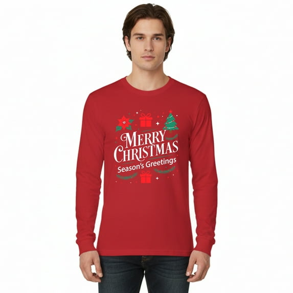 Gildan Merry Christmas Design T-Shirt for Men, Long Sleeve Red Christmas Print Tee, L