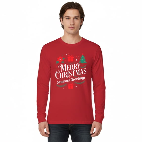 Gildan Merry Christmas Design T-Shirt for Men, Long Sleeve Red Christmas Print Tee, M