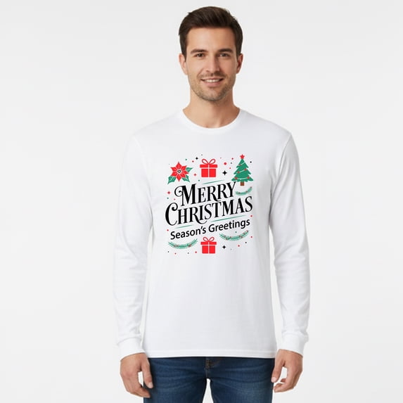 Gildan Merry Christmas Design T-Shirt for Men, Long Sleeve White Christmas Print Tee, XL