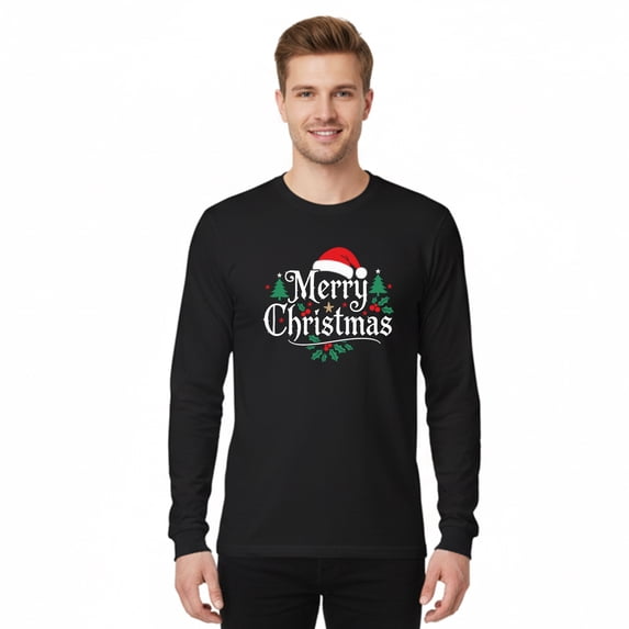 Gildan Merry Christmas Graphic T-Shirt for Men, Long Sleeve Christmas Print Tee, Black, S