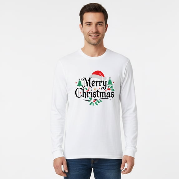 Gildan Merry Christmas Graphic T-Shirt for Men, Long Sleeve Christmas Print Tee, White, L