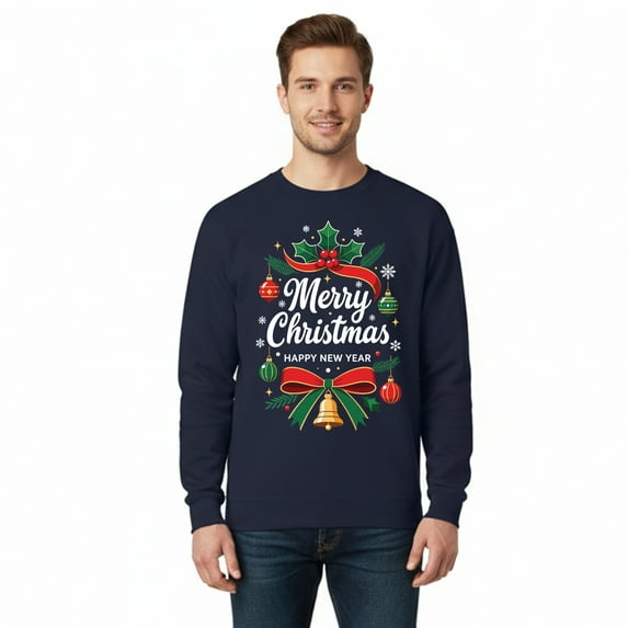 Gildan Merry Christmas Sweatshirt, Men's Navy Graphic Print Crewneck Fleece Christmas Top, 2XL