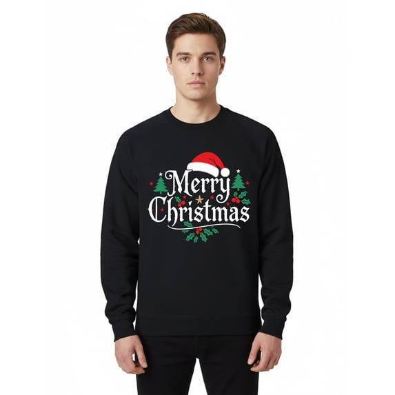 Gildan Merry Christmas with Santa Hat Design Sweatshirt, Men's Black Crewneck Christmas Sweater, L