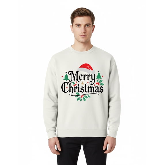 Gildan Merry Christmas with Santa Hat Design Sweatshirt, Men's White Crewneck Christmas Sweater, XL