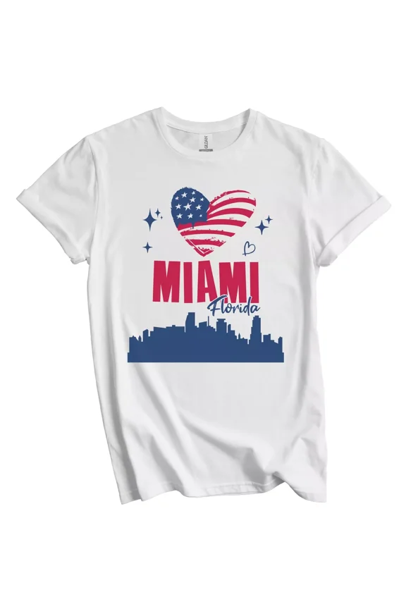 Miami Florida Skyline American Flag Heart 4th of July T-Shirt Gift for Men Women Unisex Tee