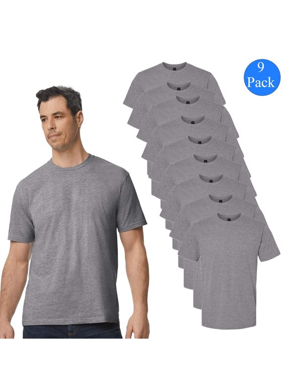 Midweight Crewneck T-Shirt for Men, Short Sleeve Graphite Heather Classic Tee, 9 Pack, XL