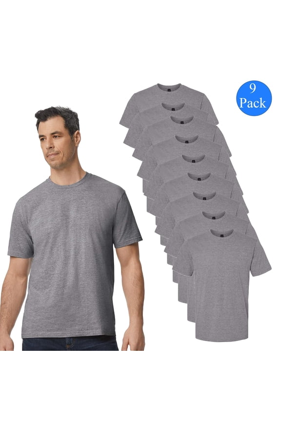 Midweight Crewneck T-Shirt for Men, Short Sleeve Graphite Heather Classic Tee, 9 Pack, XL