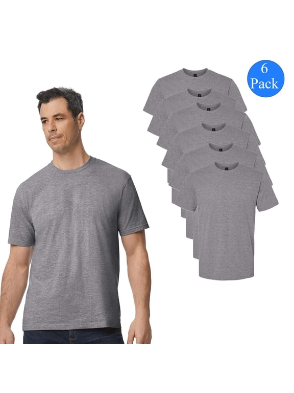 Midweight Taped Neck T-Shirt for Men, Short Sleeve Graphite Heather Classic Tee, 6 Pack, S