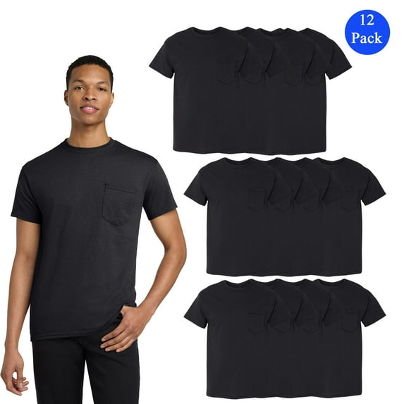 Gildan Pocket T-Shirt, Men's Short Sleeve Black Casual Tee, 12 Pack, Classic 100 Cotton Shirt, 2XL