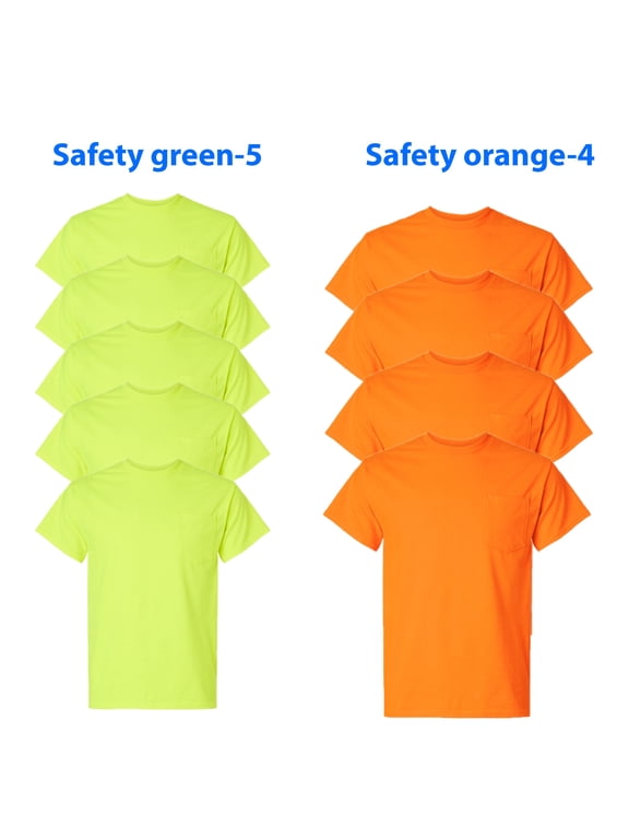 Pocketed Safety T-Shirt for Men - High Visibility T-Shirt | 50-Cotton / 50-Polyester | Safety Green / Orange | Pack of 9 - Size M