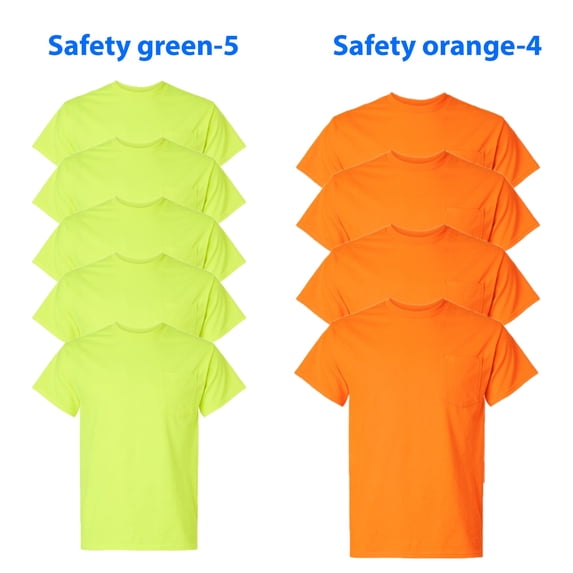 Gildan Pocketed Safety T-Shirt for Men - High Visibility T-Shirt | 50-Cotton / 50-Polyester | Safety Green / Orange | Pack of 9 - Size XL