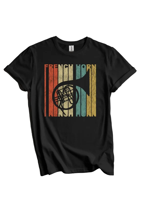Retro French Horn Distressed Musician Vintage Style Music T-Shirt Gift for Men Women Unisex Tee