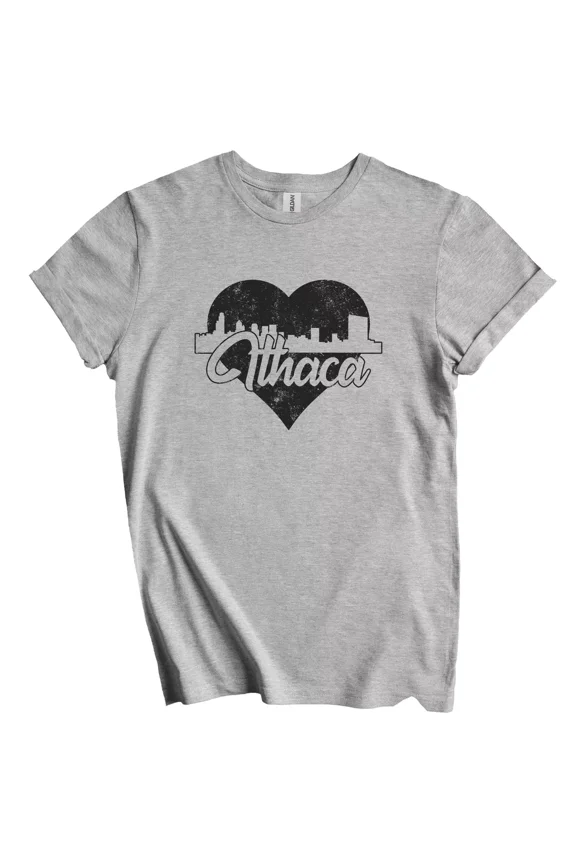 Retro Ithaca New York Skyline Heart Distressed T-Shirt Gift for Men Women Unisex Tee