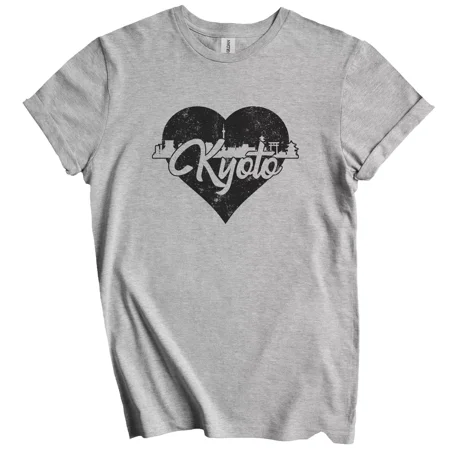 Gildan Retro Kyoto Japan Skyline Heart Distressed T-Shirt Gift for Men Women Unisex Tee