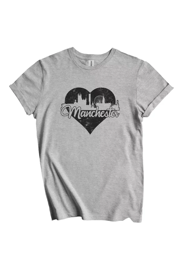 Retro Manchester England Skyline Heart Distressed T-Shirt Gift for Men Women Unisex Tee