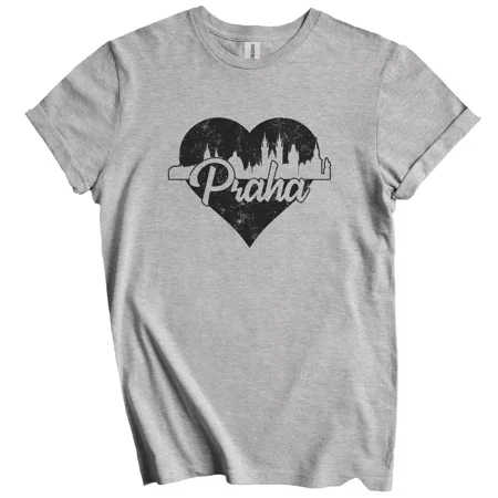 Gildan Retro Praha Czech Republic Skyline Heart Distressed T-Shirt Gift for Men Women Unisex Tee