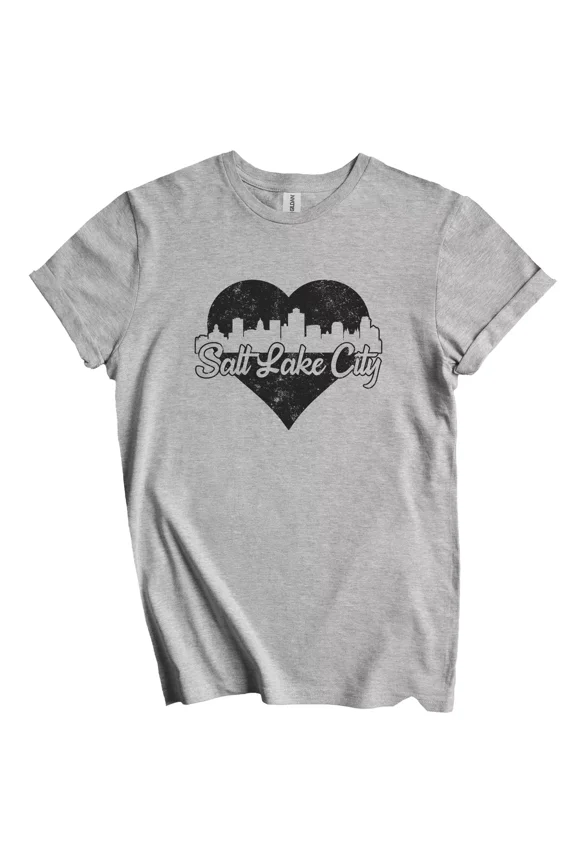 Retro Salt Lake City Utah Skyline Heart Distressed T-Shirt Gift For Men Women Unisex Tee