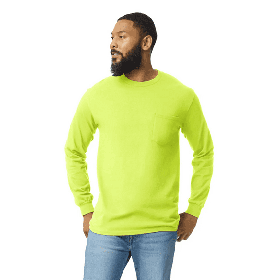 Gildan Safety Long Sleeve Cotton Pocket T-Shirt for Men, Hi-Vis Work Shirt, Safety Green, S