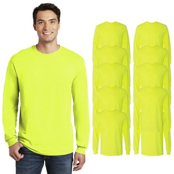 Gildan Safety Long Sleeve T-Shirt for Men, Men’s Work T-Shirt, Safety Workwear, Safety Green, Pack 10, XL