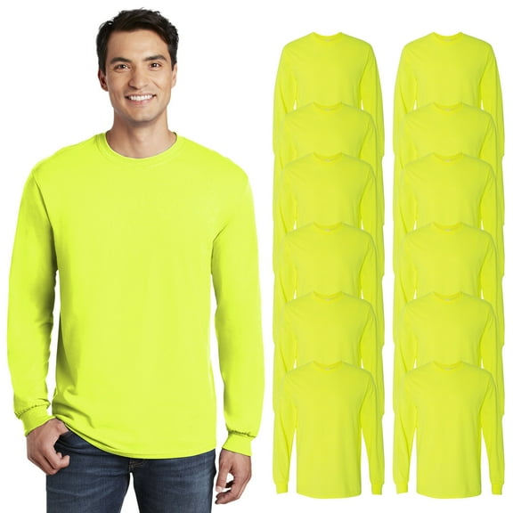 Gildan Safety Long Sleeve T-Shirt for Men, Men’s Work T-Shirt, Safety Workwear, Safety Green, Pack 12, L