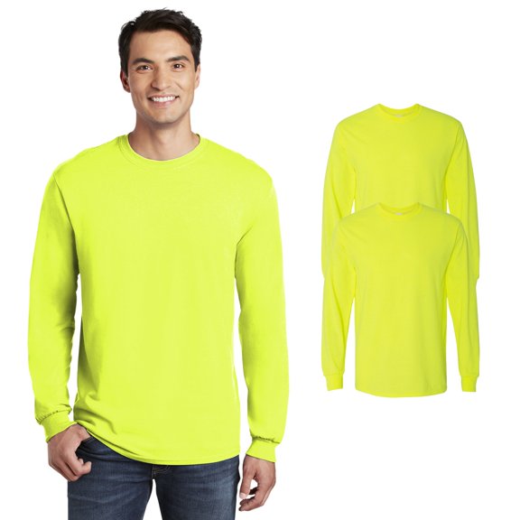 Gildan Safety Long Sleeve T-Shirt for Men, Men’s Work T-Shirt, Safety Workwear, Safety Green, Pack 2, S