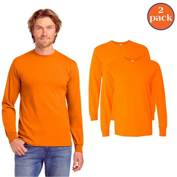 Gildan Safety T-Shirt for Men, Long Sleeve Hi-Vis Shirt, Safety Orange, Pack 2, M
